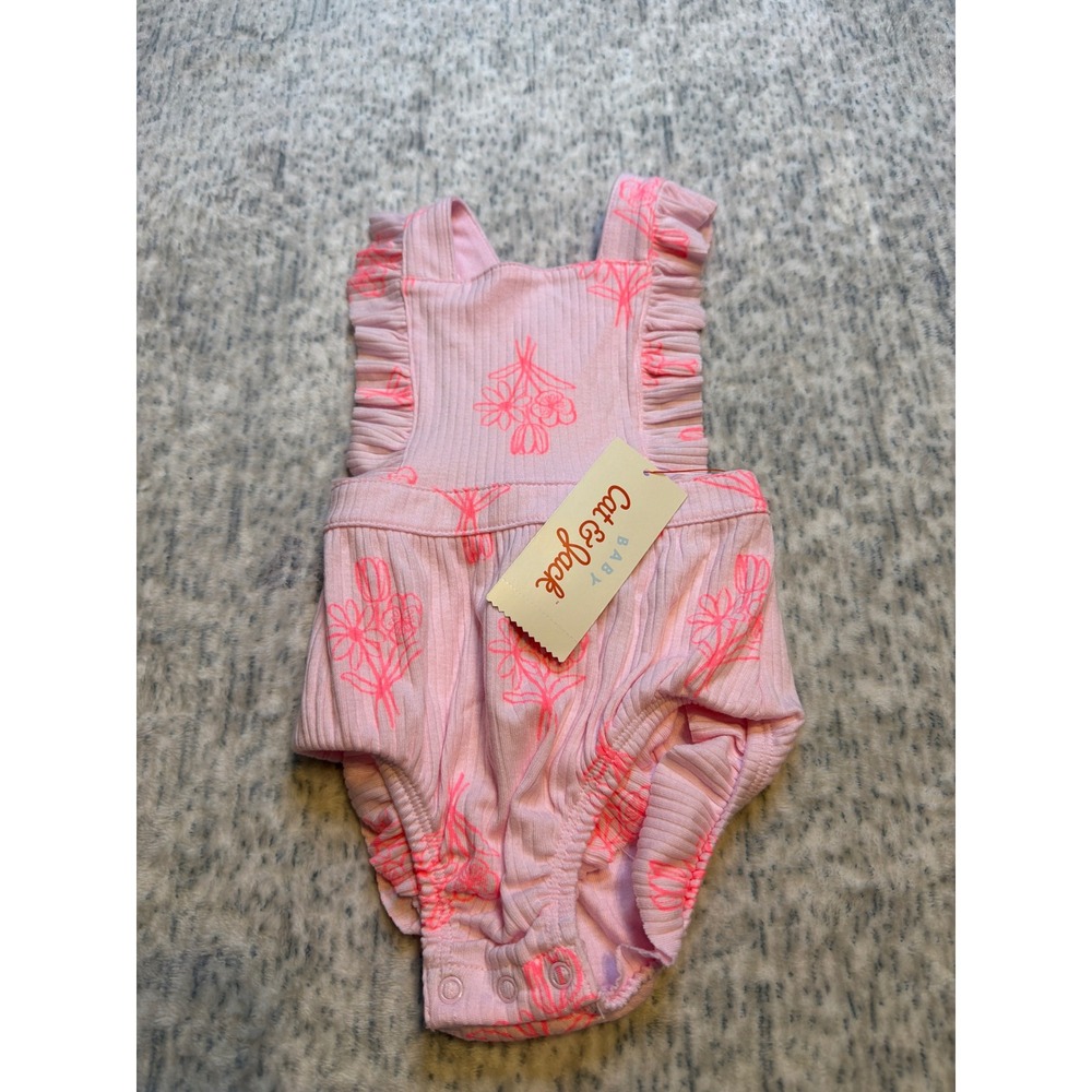 Cat and Jack Baby Girl Pink Floral Ribbed Ruffle Romper 0-3M NWT